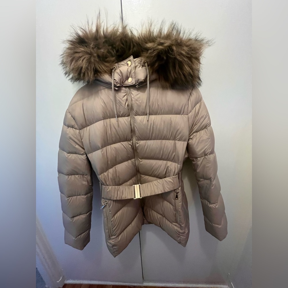Zara XXL Down Puffer Coat with Belt and Removable Faux Fur Hood